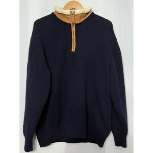 Orvis Stowe Lambs Wool Mens 1/4 Zip Sweater Leather Collar Navy Blue XL